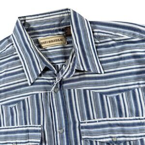 Bit & Bridle Western Pearl Snap Shirt Short Sleeve Blue Striped XL mens rodeo